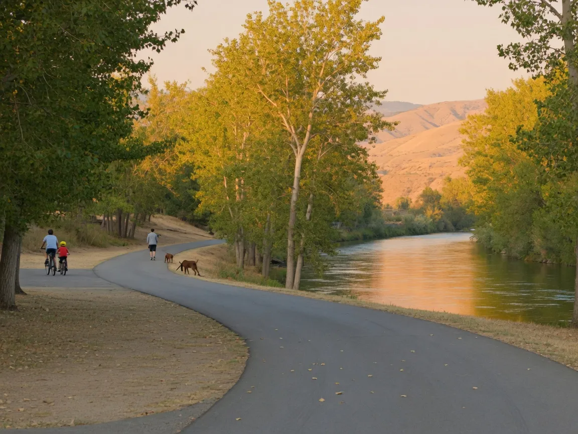 A paved river path under cottonwoods at golden hour, with a parent and child biking away, a person walking dogs, and dry foothills beyond.