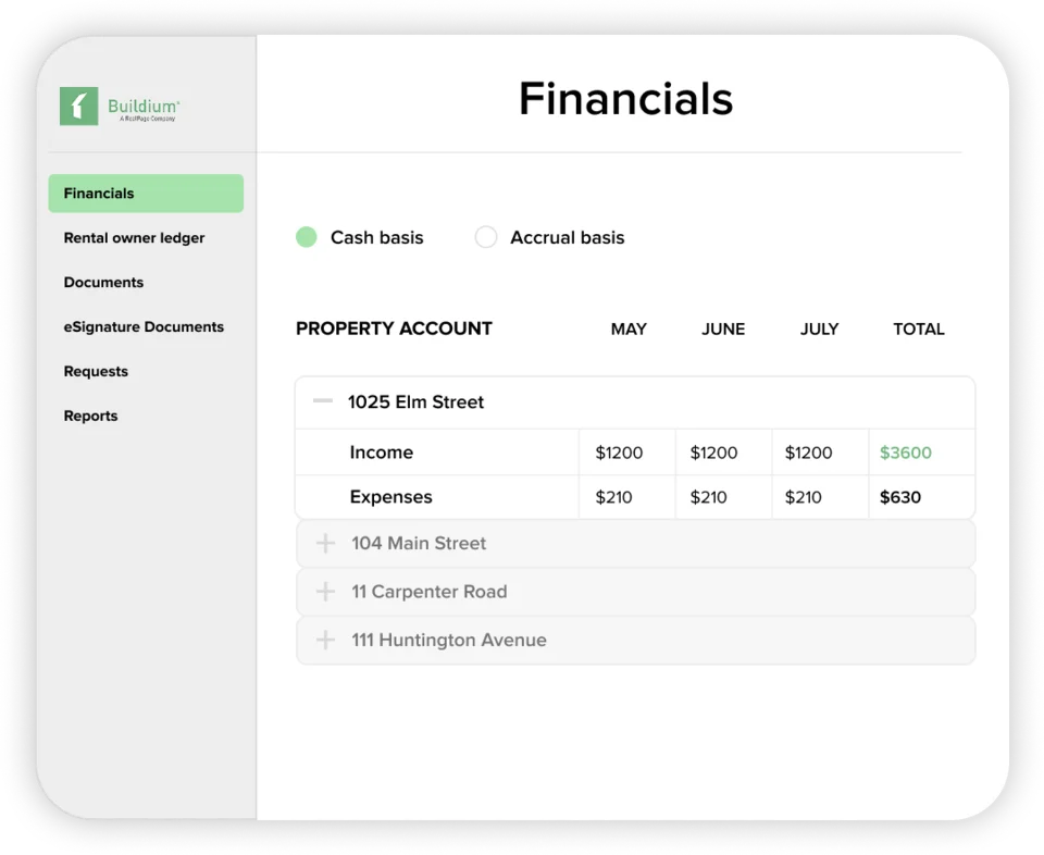 Owner portal financials screen showing monthly income and expenses by property.