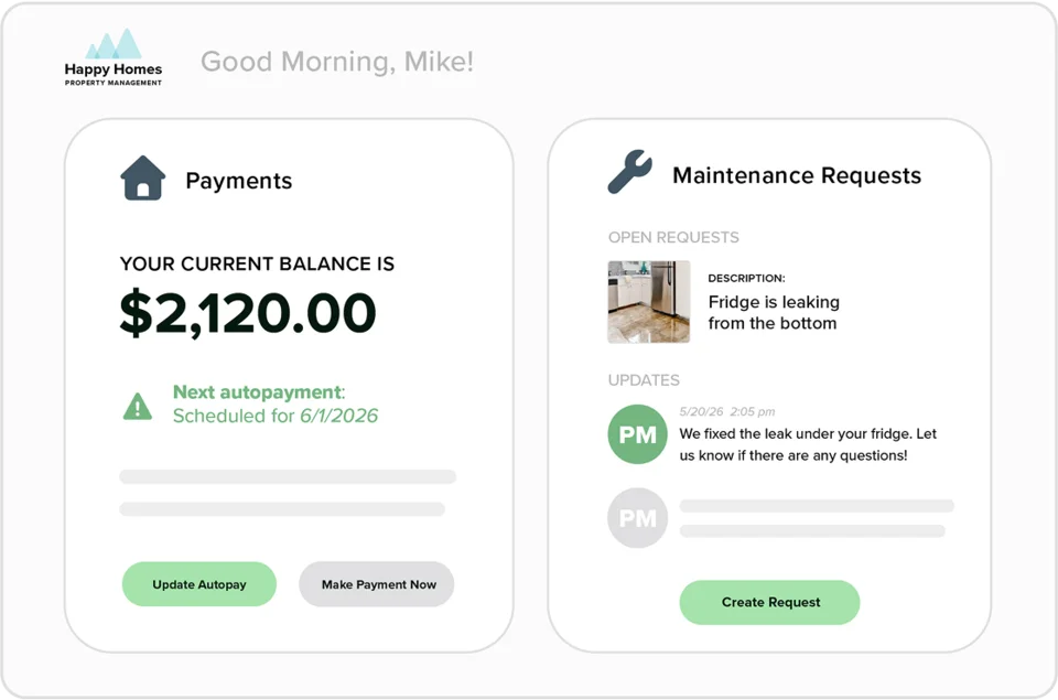 Resident portal home screen showing the current balance, next autopay date, and an open maintenance request.