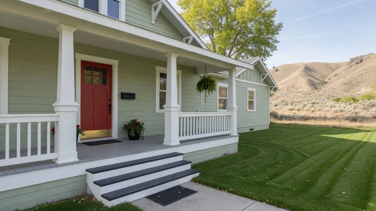 A craftsman porch in daylight with a brick-red front door, white trim, sage siding, and dry foothills beyond a mowed lawn.